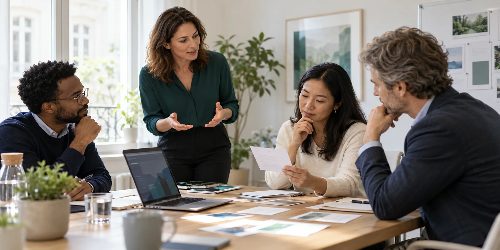 Professionals discussing a practical AI learning scenario in a workshop